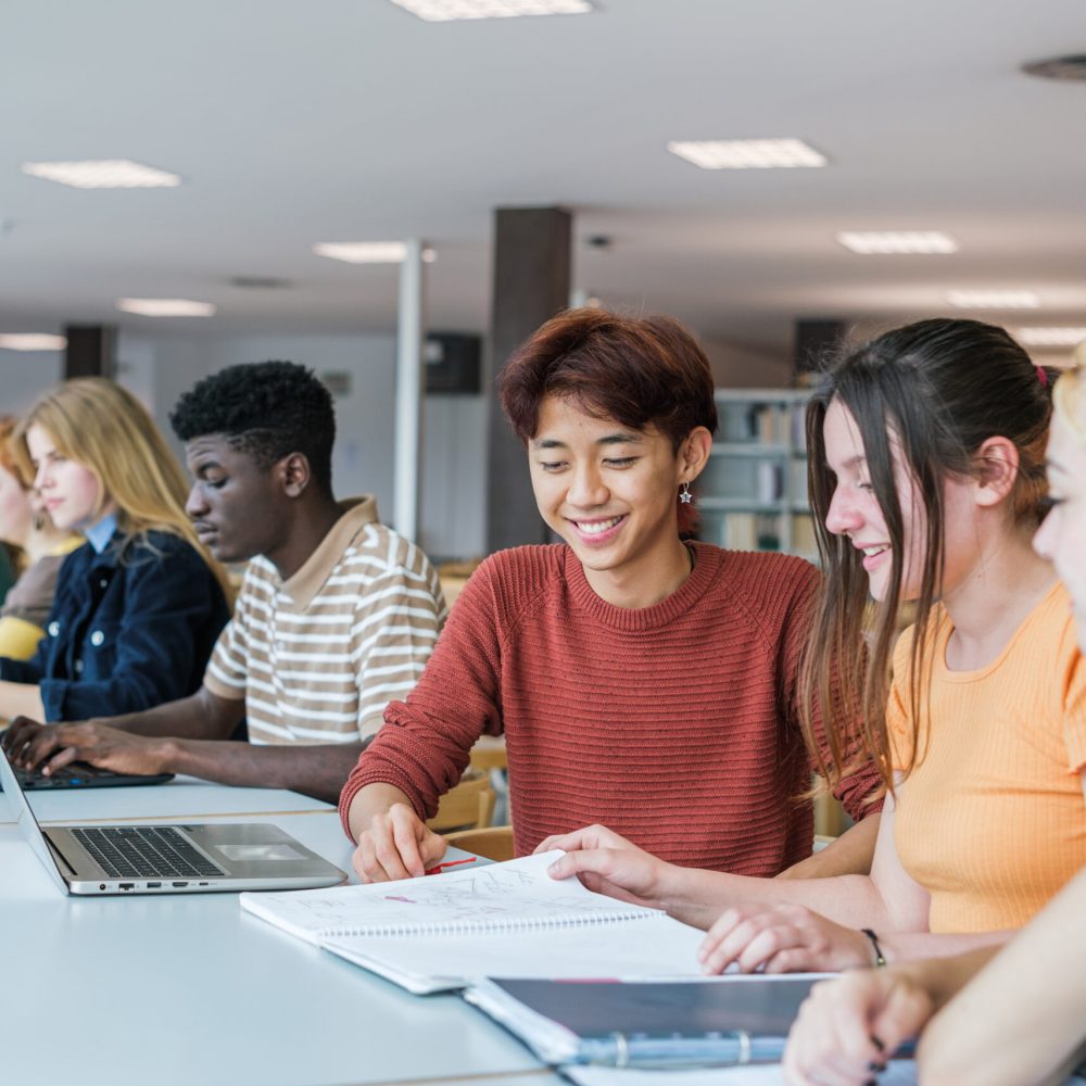 Group of students of different nationalities studying together in the university library